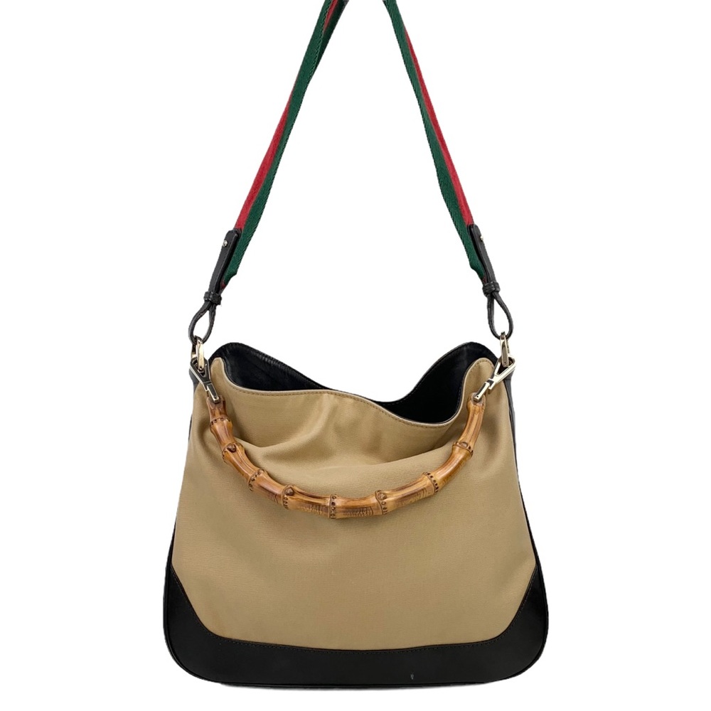 Gucci Beige Black Bamboo Handle Shoulder Bag with Red and Green Strap